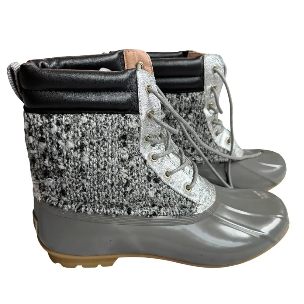 Sam Edelman Rain Boots Women's 8 Gray Silver Duck Boots Lace Up Tweed Waterproof